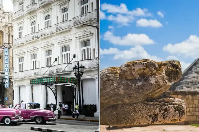 Classic American cars in Old Havana, Cuba on the left and the Chichén Itzá pyramid in Yucatán, Mexico on the right, a side-by-side comparison hero