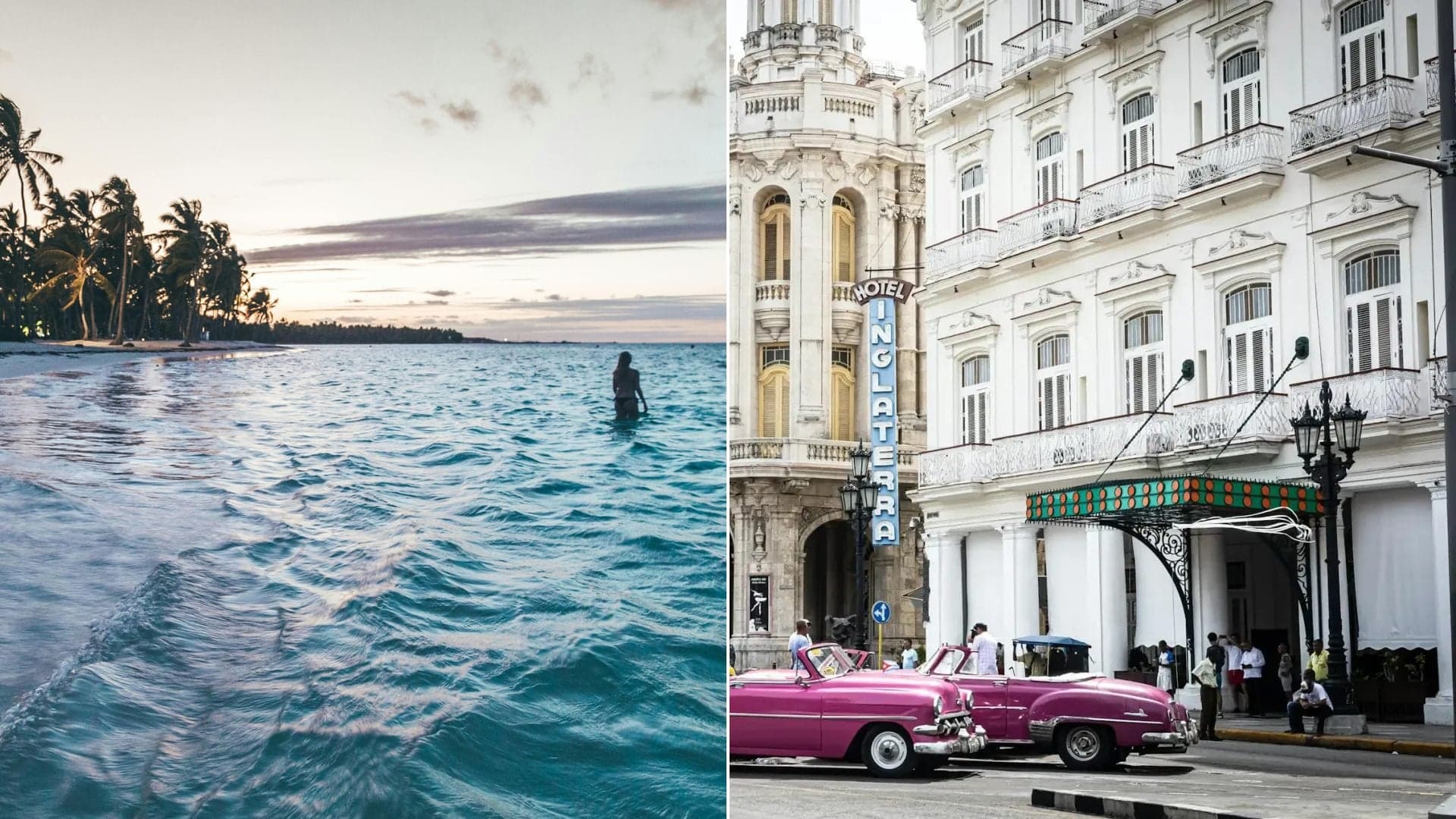 A pristine Dominican Republic beach at twilight on the left and classic American cars in Old Havana, Cuba on the right, a side-by-side comparison hero
