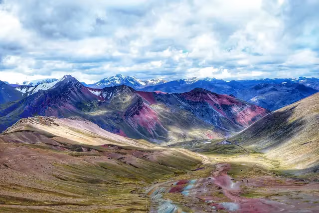 Rainbow Mountain Vinicunca with colourful mineral striations in the Peruvian Andes