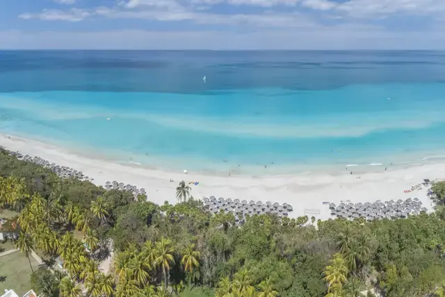 Empty palm-fringed white sand beach with turquoise Caribbean water at Varadero, Cuba